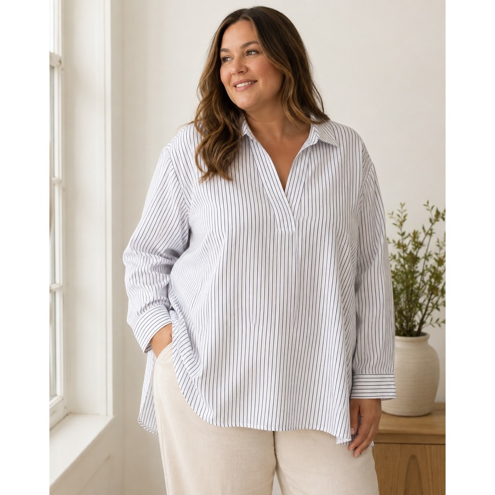 J.Jill 4X White Black Pinstripe Oversized Tunic Shirt Pima Cotton Lyocell